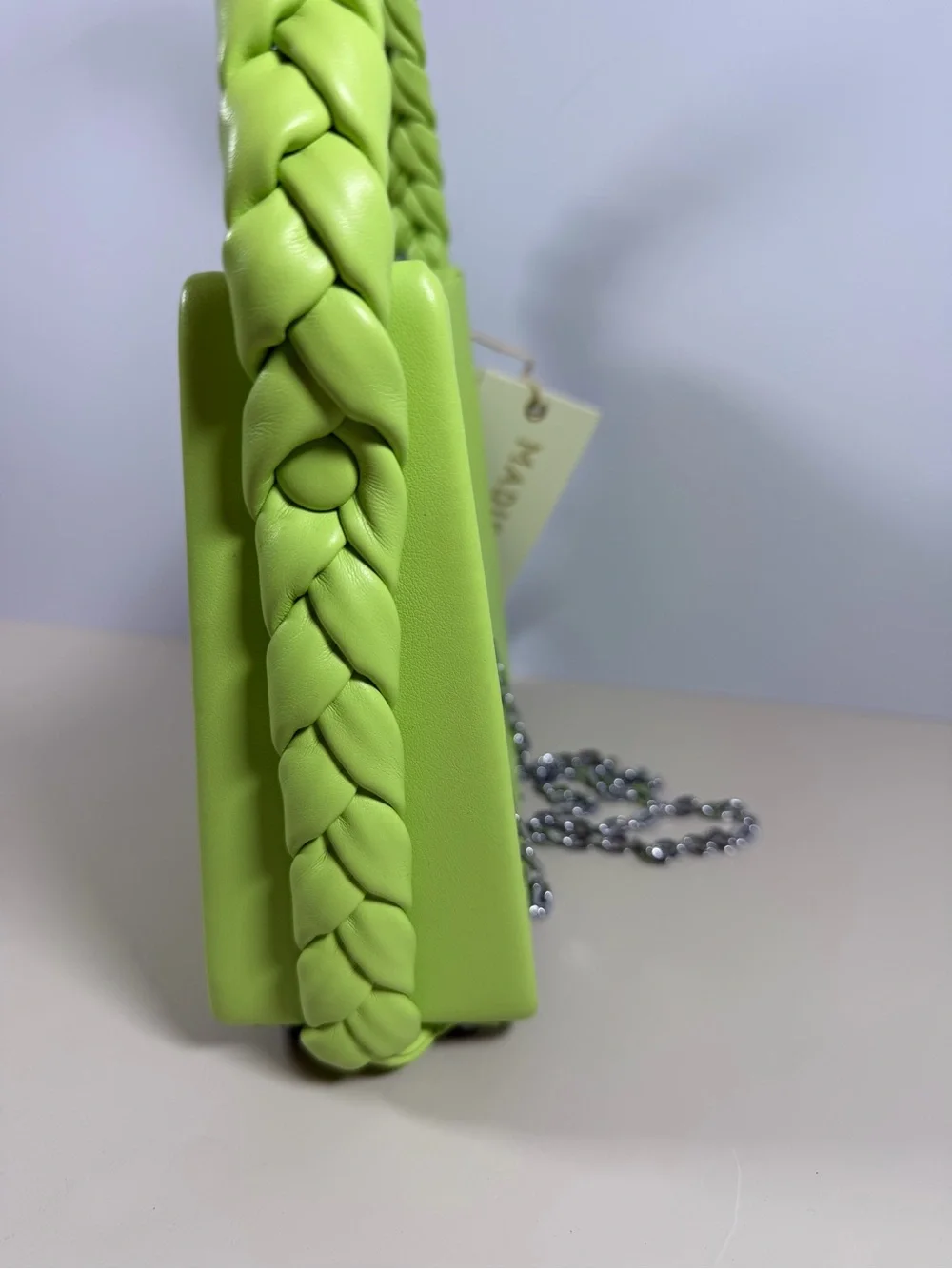 Madison West Lime Green Braided Handle Shoulder Bag with Chain Strap